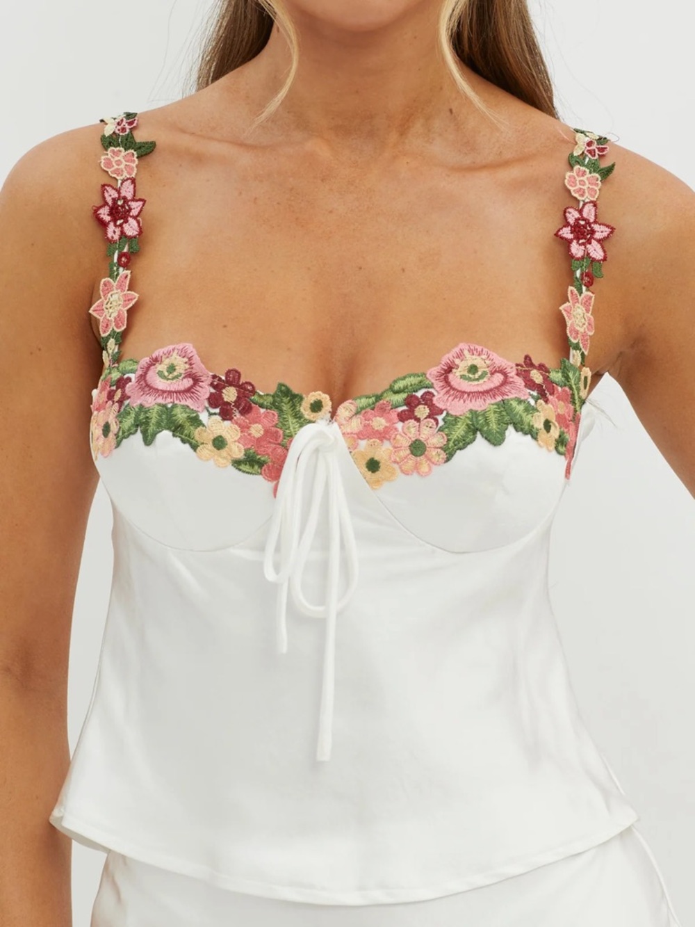 Floral Embroidered White Satin Cami Selfie Leslie Rose Garden Floral Aplique top